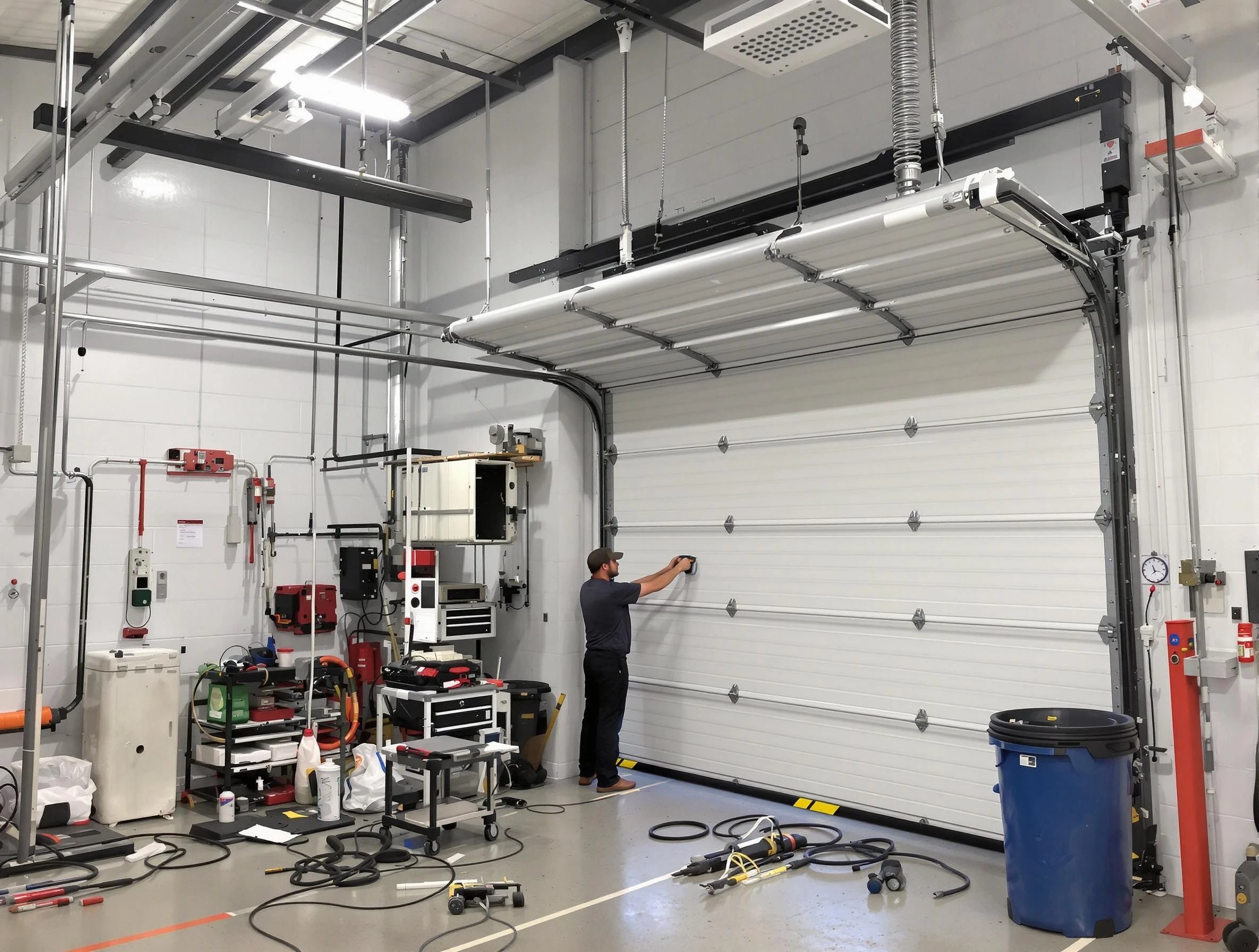 Scott Garage Door Repair certified technician performing commercial door repair at a Scott business facility